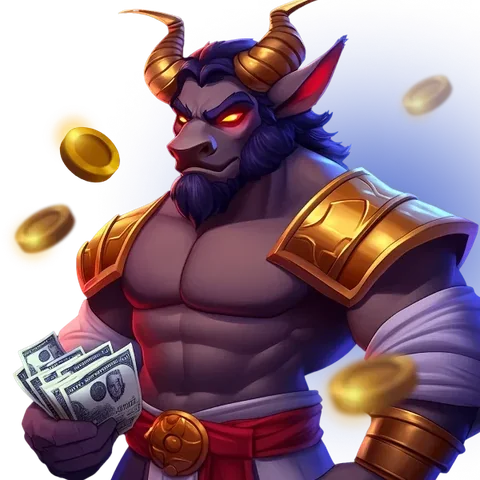 Armoured minotaur holding a stack of banknotes
