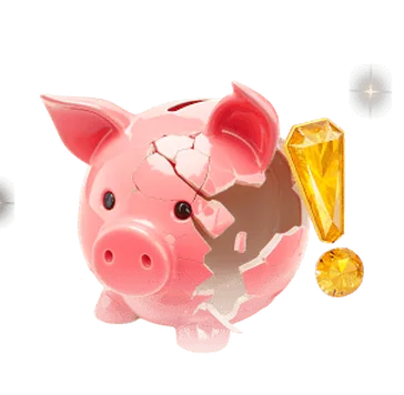 Cracked piggy bank with coins and gems flying out