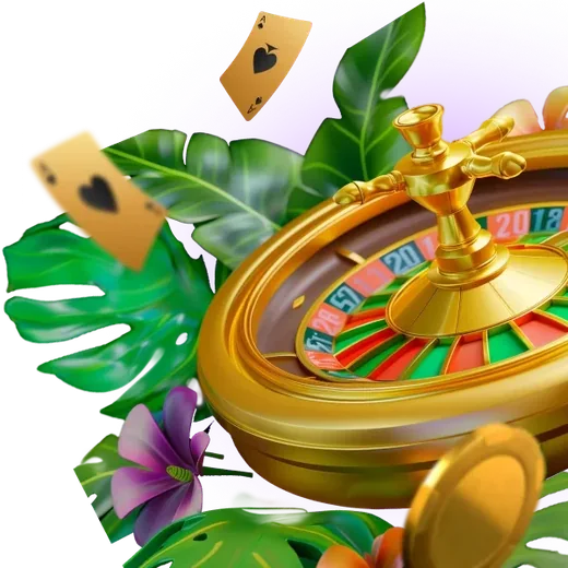 Golden roulette wheel among tropical leaves and playing cards