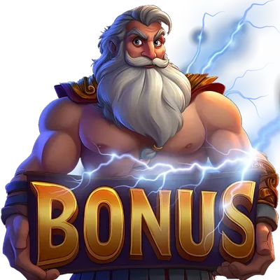 Zeus holding a golden Bonus sign